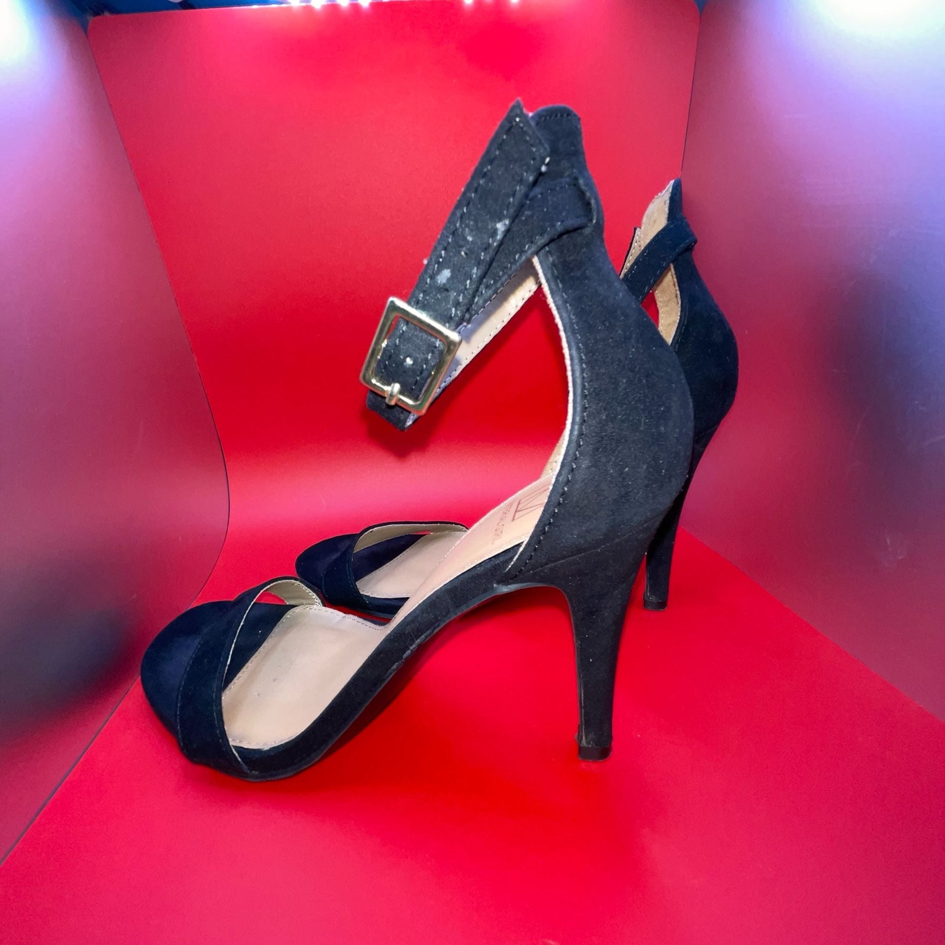 Material Girl Airer Black Ankle Strap Stiletto Heels Size 6.5 10
