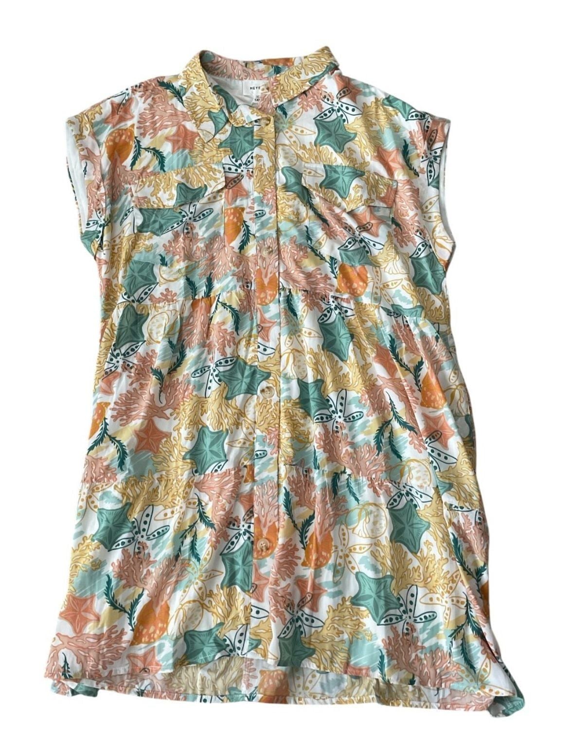 HEYSON Coastal Starfish Print Tiered Button Front Dress 3