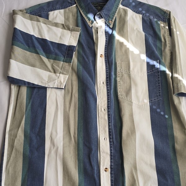 Double Impact Vintage Vertical Stripe Short Sleeve Button Down Shirt Size L