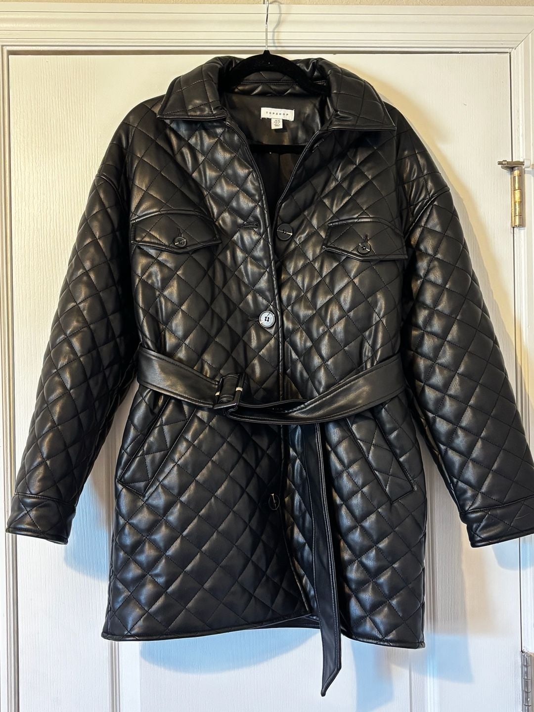Topshop Quilted Faux Leather Belted Jacket Black Size US 6 1