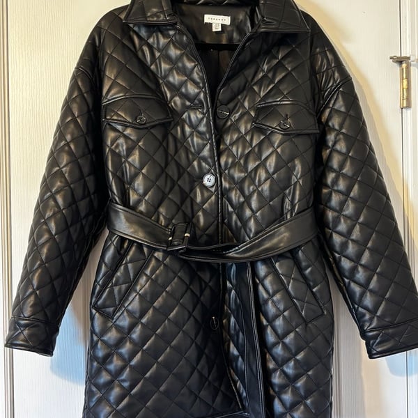 Topshop Quilted Faux Leather Belted Jacket Black Size US 6