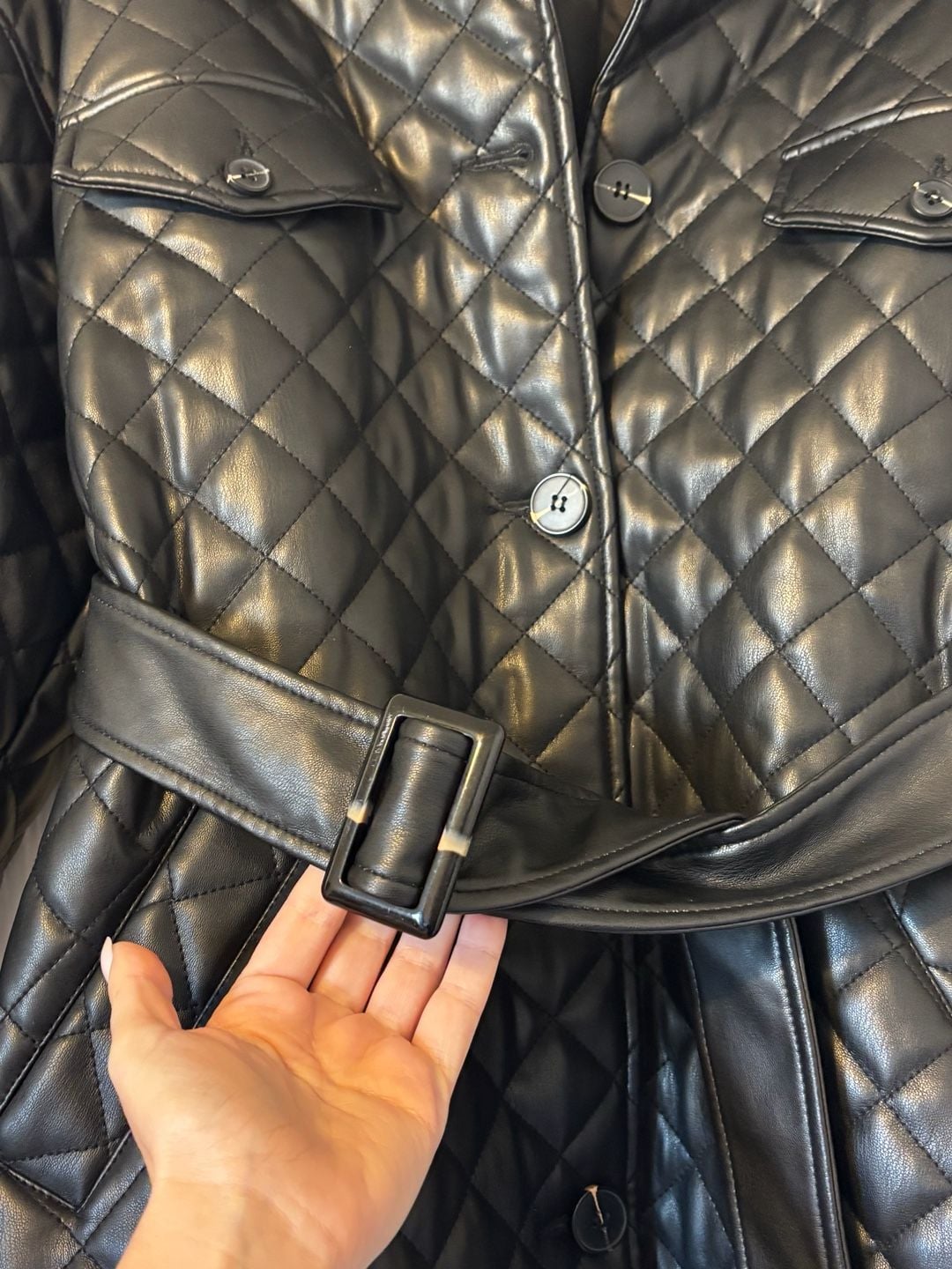 Topshop Quilted Faux Leather Belted Jacket Black Size US 6 3
