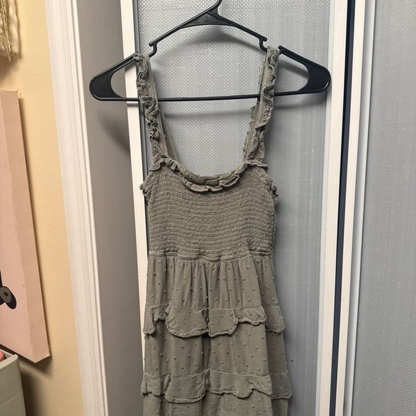 Mable Sage Green Smocked Tiered Swiss Dot Mini Dress, Size S