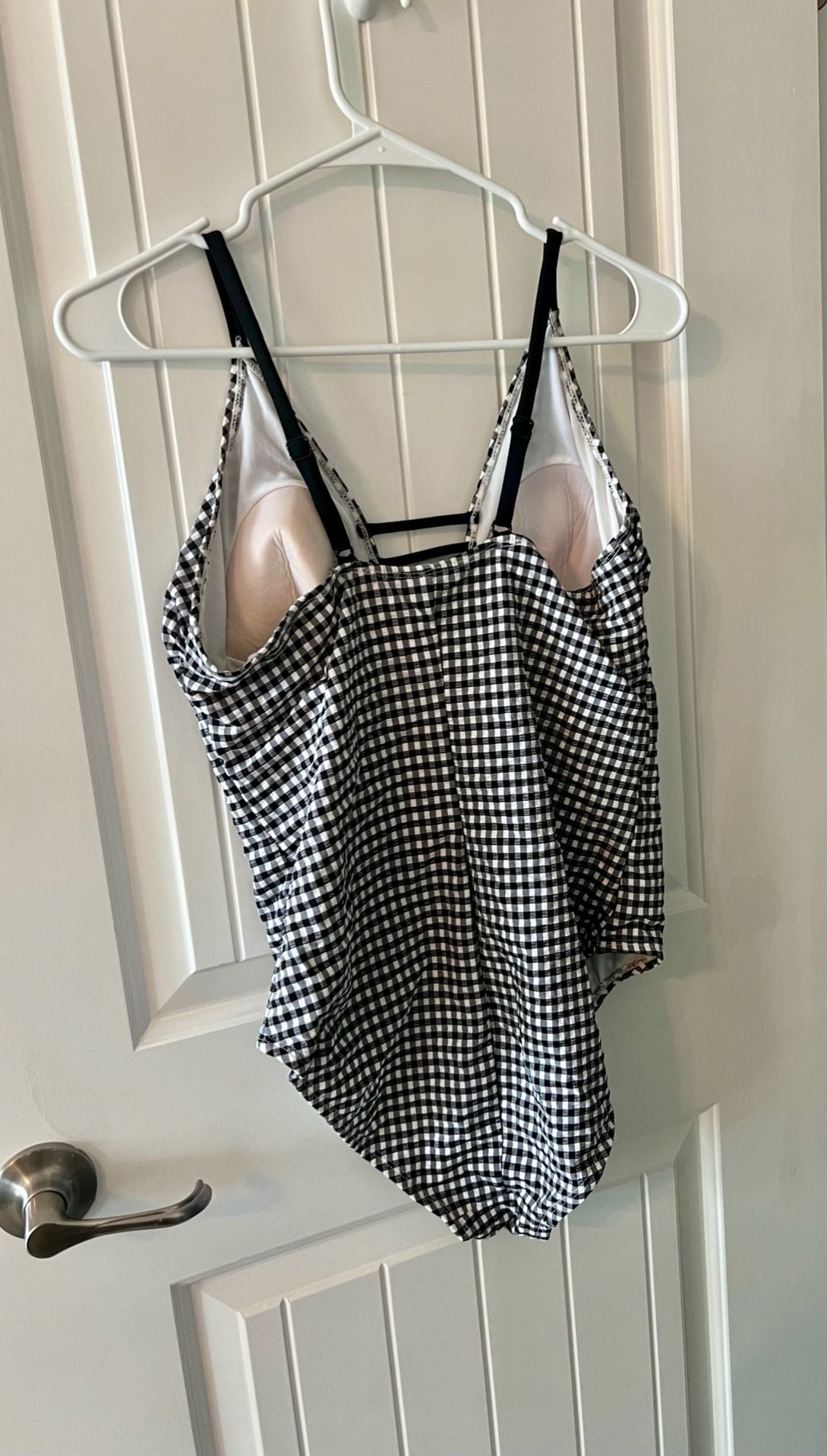 Time and Tru Black and White Gingham Strappy V-Neck One-Piece Swimsuit, Size Large (12-14) 3