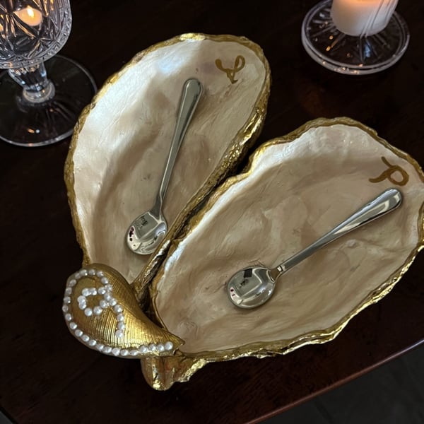 Ride the Wave Coastal Art Gilded Oyster Shell Salt and Pepper Cellar Set with Spoons