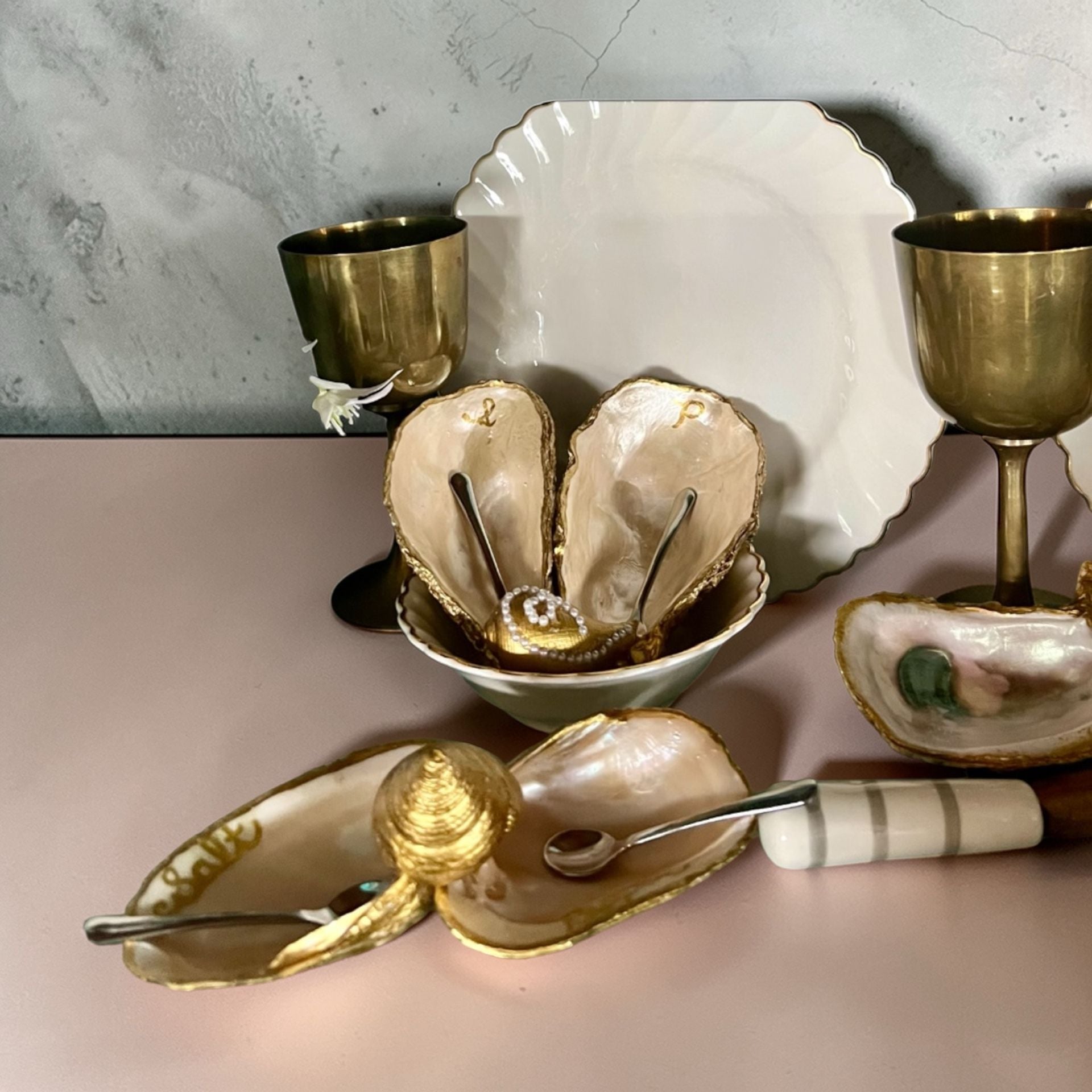 Ride the Wave Coastal Art Gilded Oyster Shell Salt and Pepper Cellar Set with Spoons 2