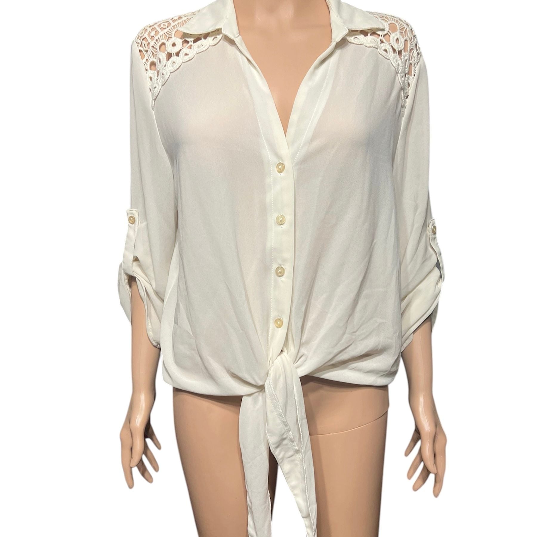 Forever 21 White Crochet Back Tie-Front Button Down Blouse 2