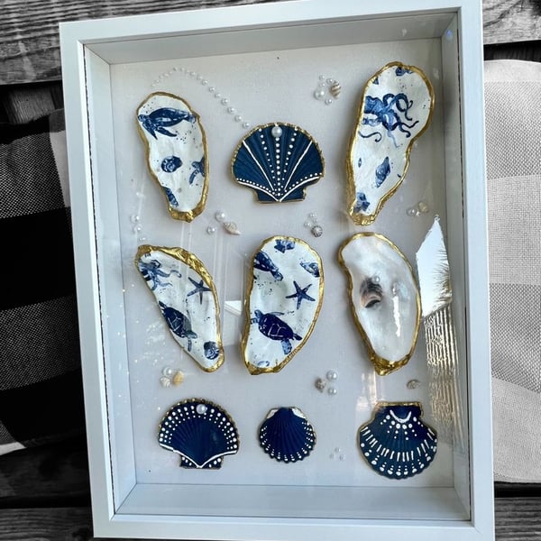 Ride The Wave Hand-Painted Nautical Oyster and Scallop Shell Shadow Box Wall Art