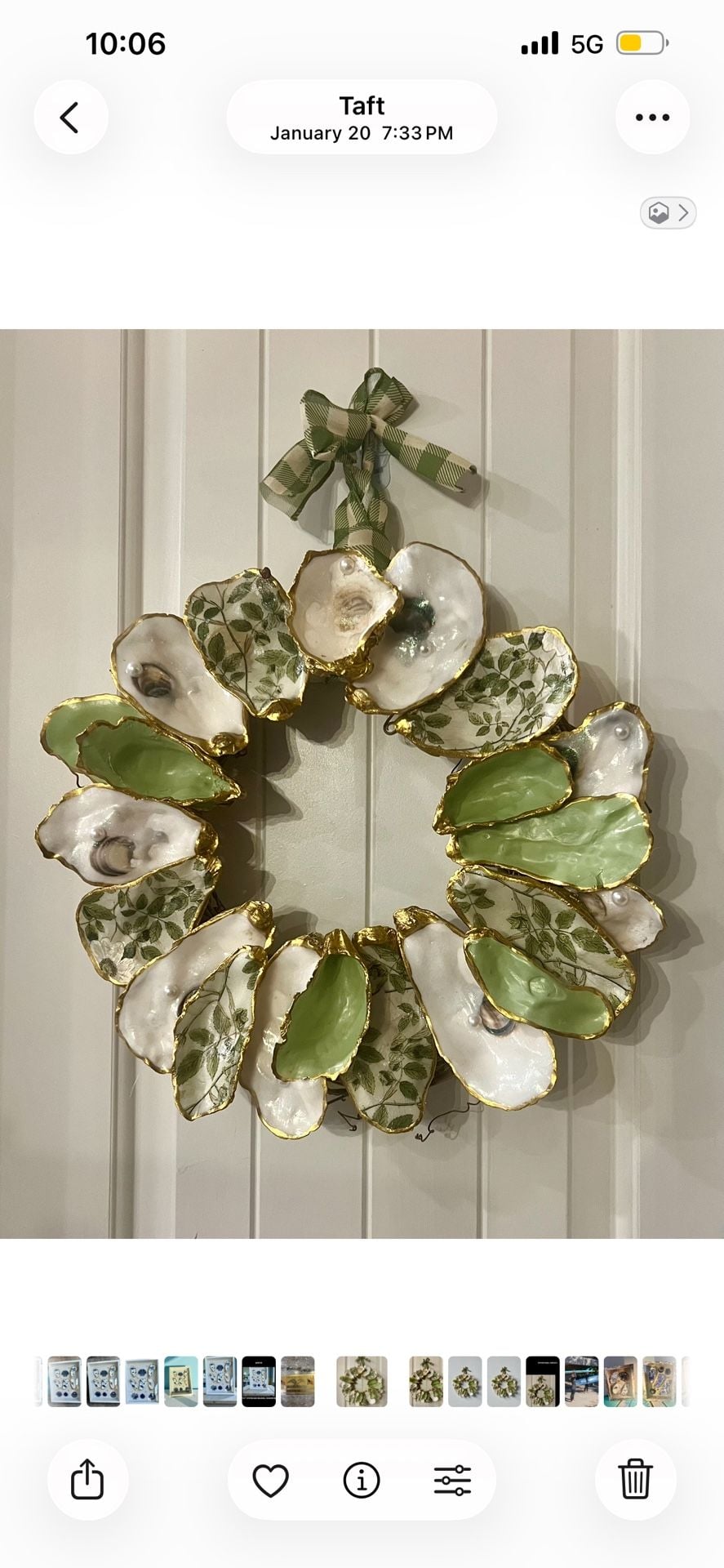 Ride the Wave Coastal Art Decoupage Oyster Shell Wreath with Green Botanical Patterns and Gold Trim 1