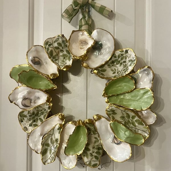 Ride the Wave Coastal Art Decoupage Oyster Shell Wreath with Green Botanical Patterns and Gold Trim
