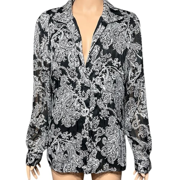 Jones Wear Black and White Paisley Print Long Sleeve Button Down Blouse Size 14