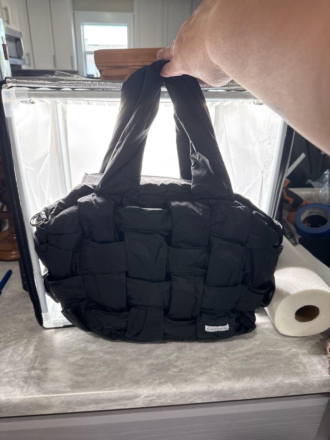 Cwokarb Black Woven Puffer Tote Bag Quilted Shoulder Bag 8