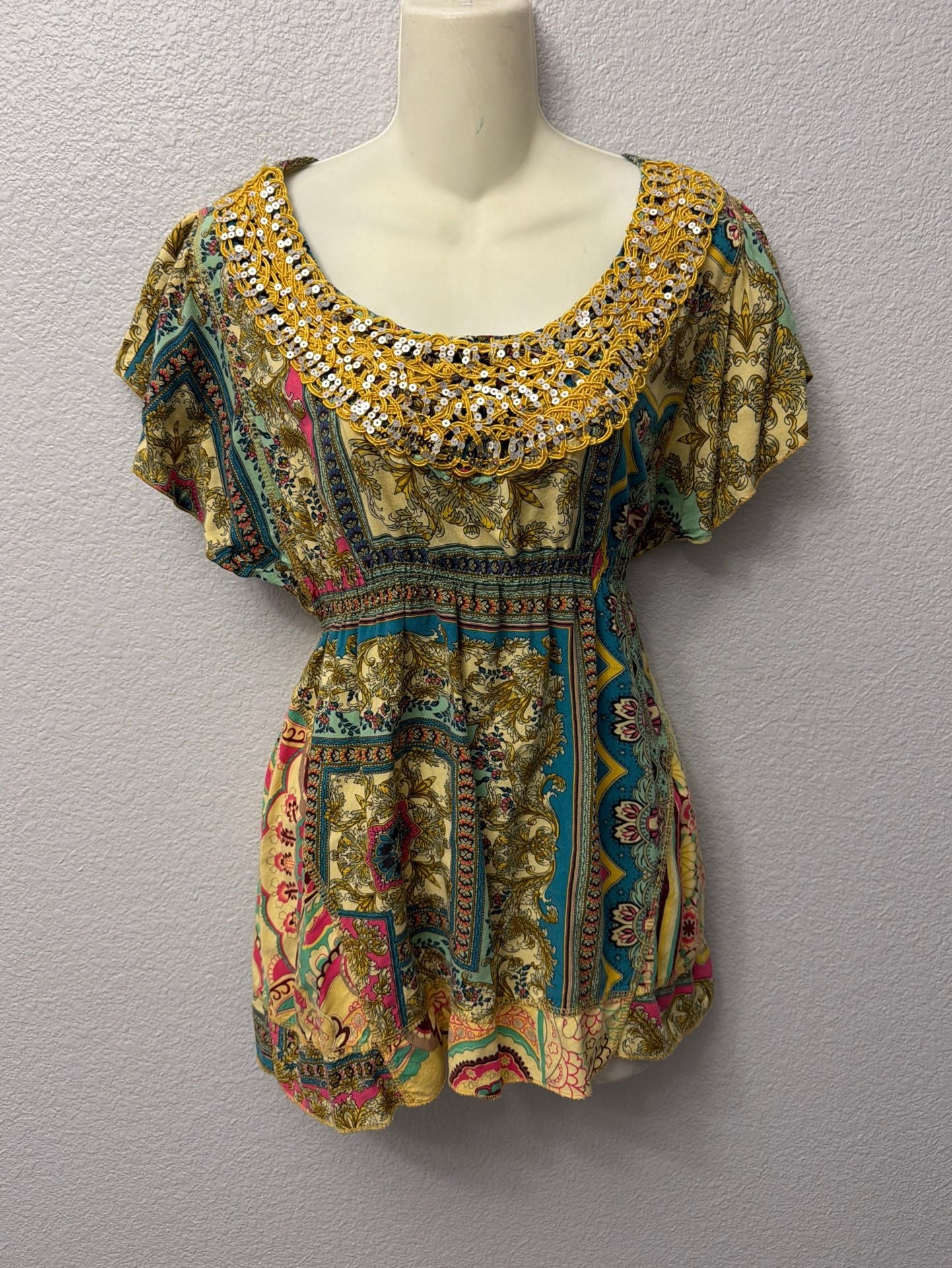 Live and Let Live Blouse Womens Boho Patchwork Rayon Embellished Top 2
