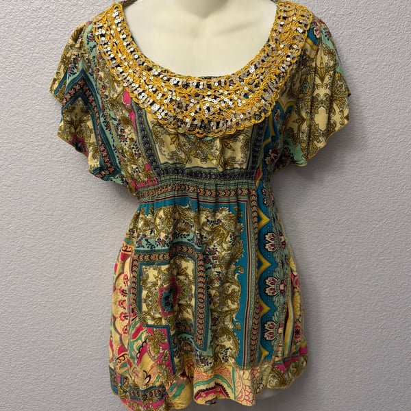 Live and Let Live Blouse Womens Boho Patchwork Rayon Embellished Top