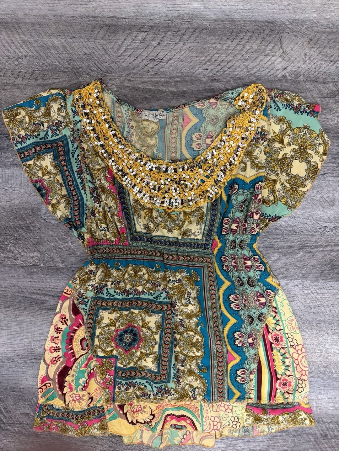 Live and Let Live Blouse Womens Boho Patchwork Rayon Embellished Top 4