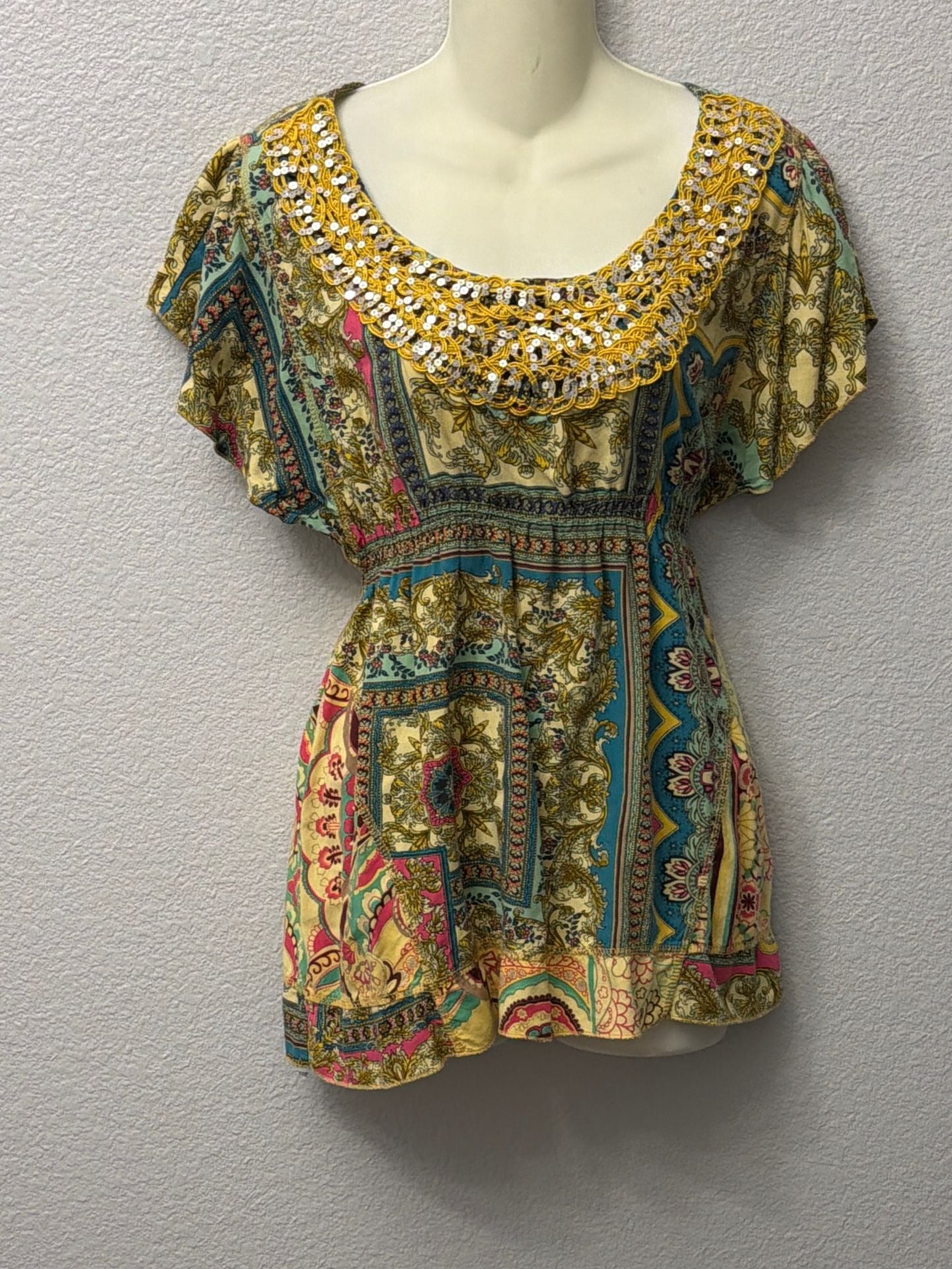 Live and Let Live Blouse Womens Boho Patchwork Rayon Embellished Top 5