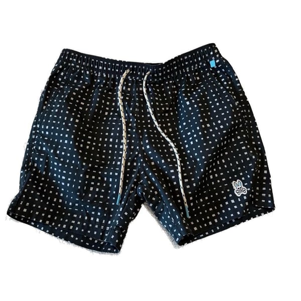 Psycho Bunny Men's Geometric Square Grid Print Swim Trunks Size S