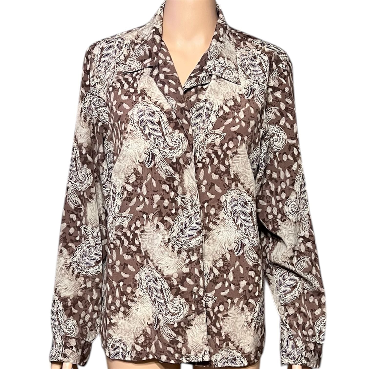 Donnkenny Petite Vintage Abstract Paisley Print Long Sleeve Button Down Blouse 2