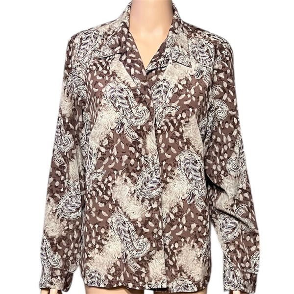 Donnkenny Petite Vintage Abstract Paisley Print Long Sleeve Button Down Blouse