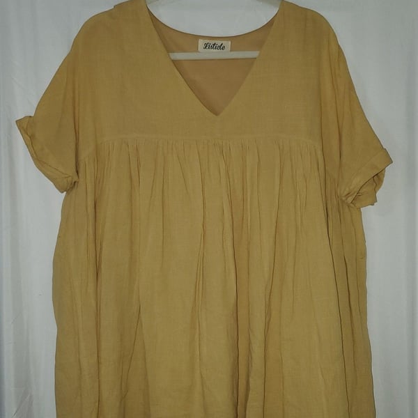 Listicle Mustard Yellow V-Neck Babydoll Tunic Dress, Size M