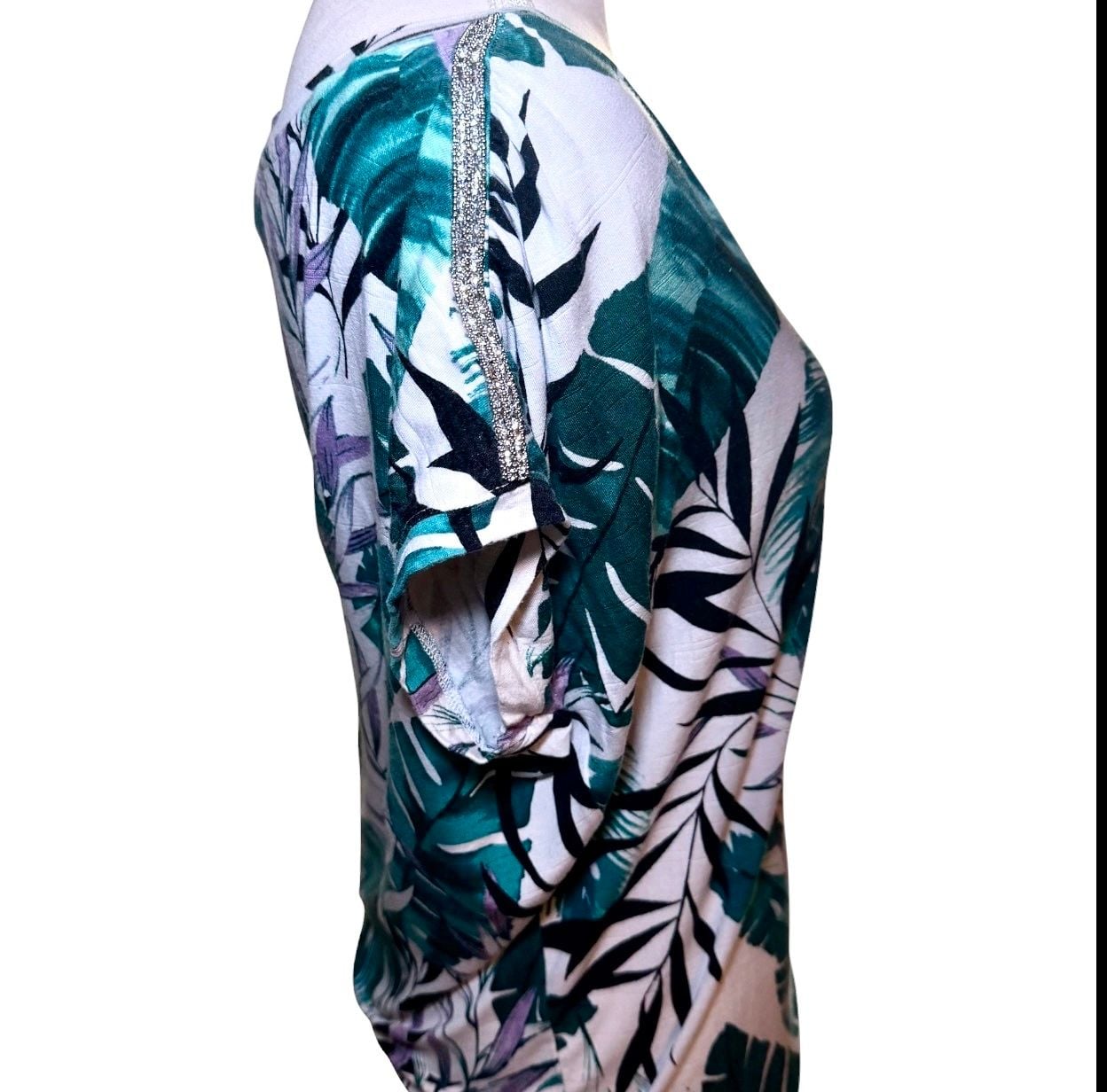 Jennifer Lopez Tropical Leaf Print Blouse Rhinestone Shoulder Small 4