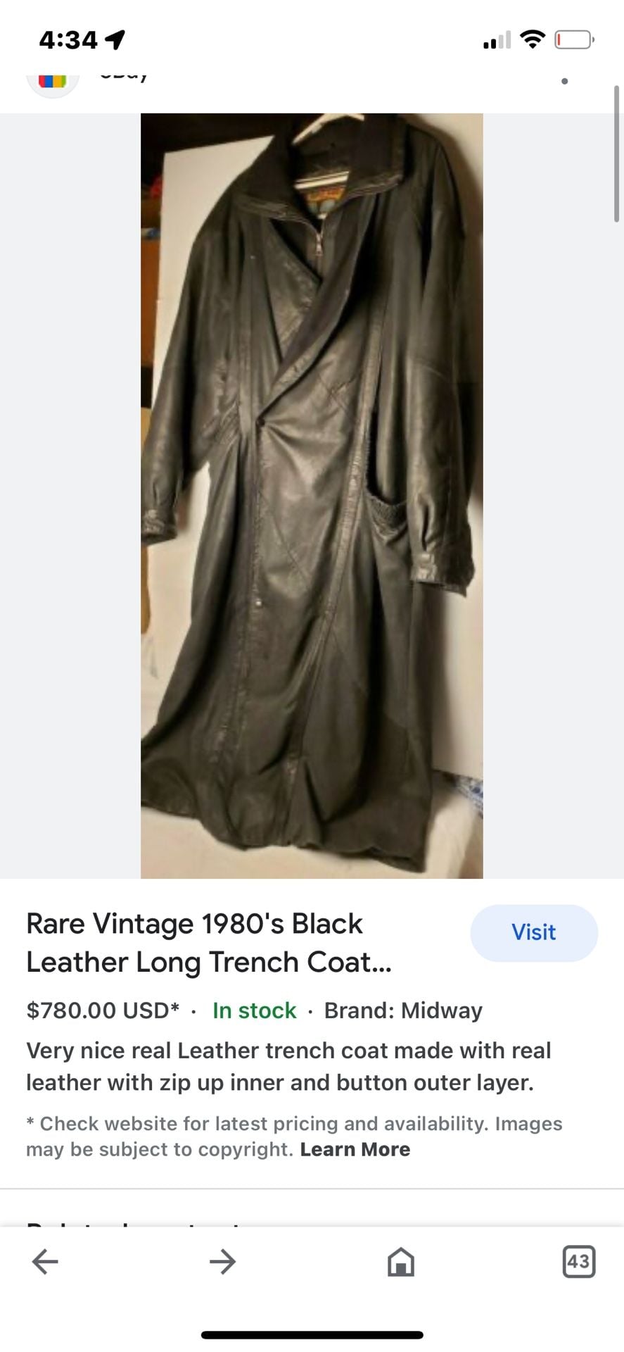 Vintage Penney's Skin Gear Black Leather Long Trench Coat Size 44 3