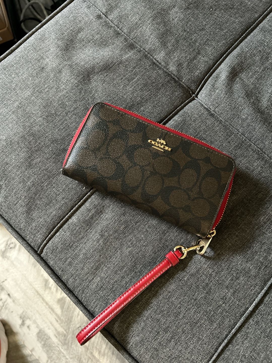 Coach Long Zip Around Wallet in Signature Canvas Brown Red 2