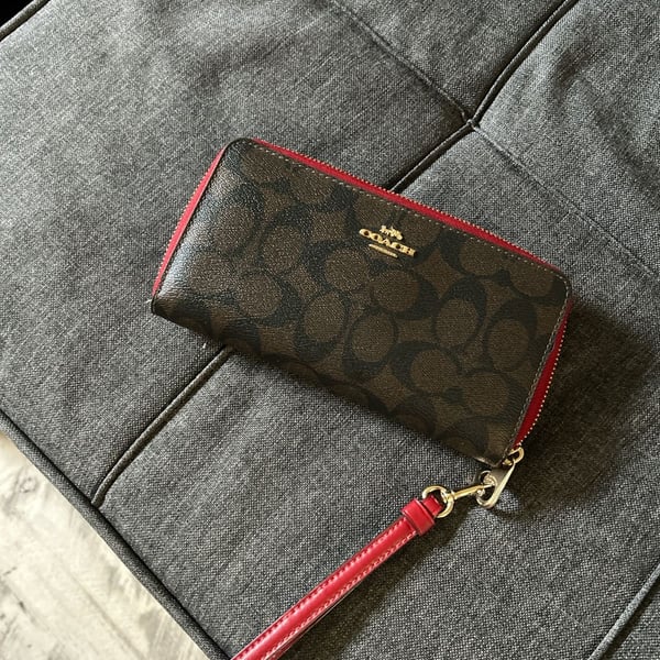 Coach Long Zip Around Wallet in Signature Canvas Brown Red