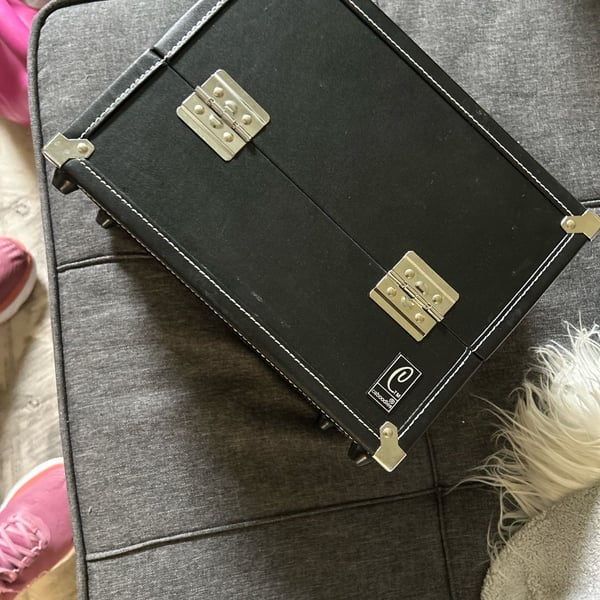 Caboodles Black Faux Leather Trunk Makeup Vanity Case with White Stitching