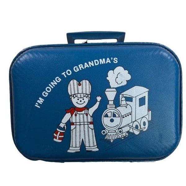 Vintage I'm Going To Grandma's Blue Child's Suitcase Train Graphic