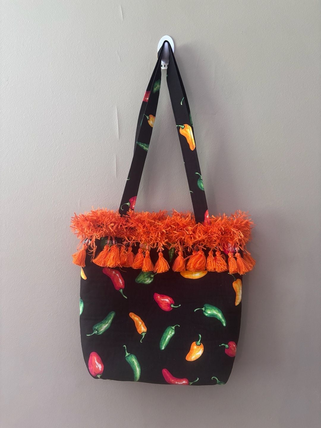 Handmade Chili Pepper Print Tote Bag with Orange Fringe and Tassels 2