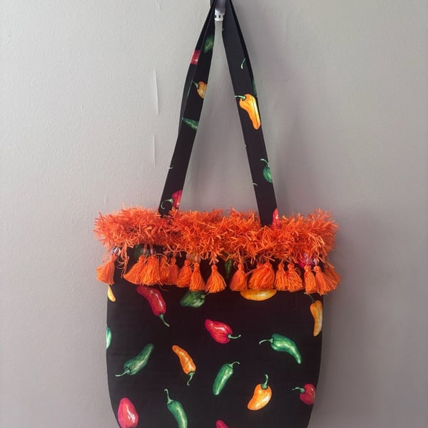 Handmade Chili Pepper Print Tote Bag with Orange Fringe and Tassels
