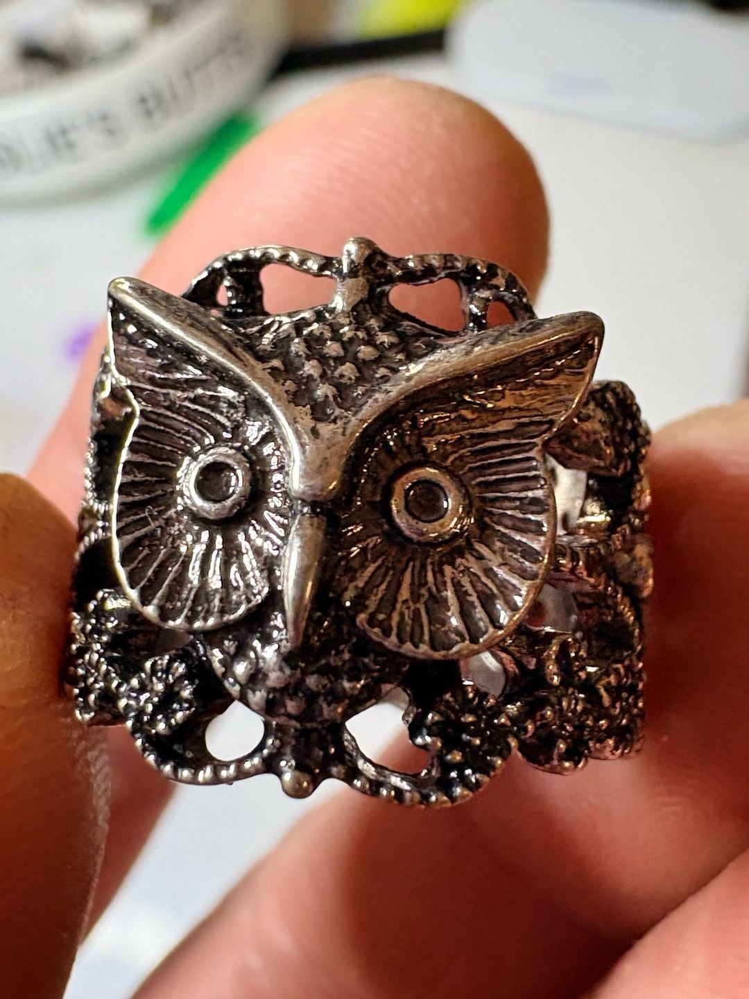 Ornate Owl Statement Ring Silver Tone Filigree Band 5