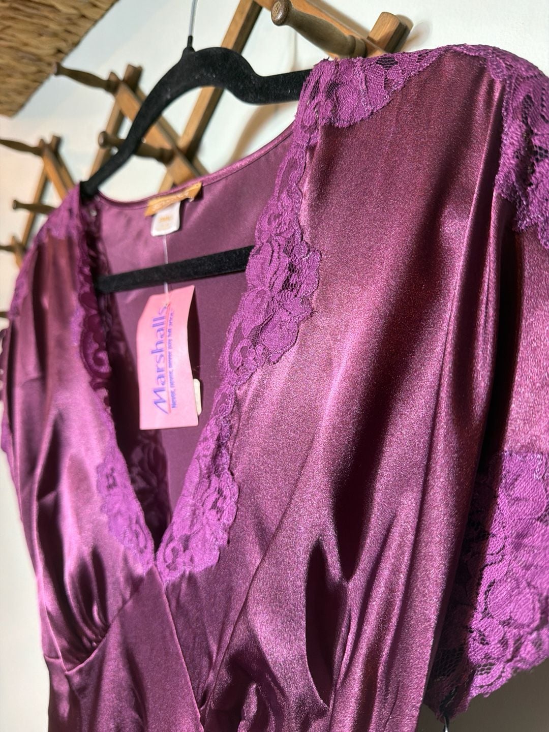 Sensara Mauve Solid Satin Lace Trim Maxi Nightgown, Size Small 1