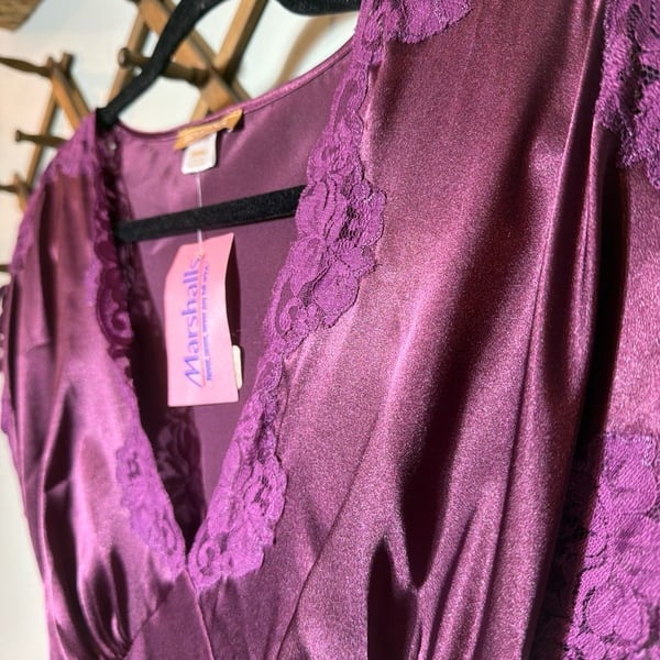Sensara Mauve Solid Satin Lace Trim Maxi Nightgown, Size Small
