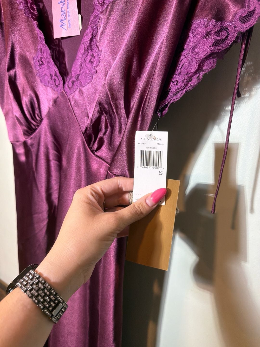Sensara Mauve Solid Satin Lace Trim Maxi Nightgown, Size Small 2
