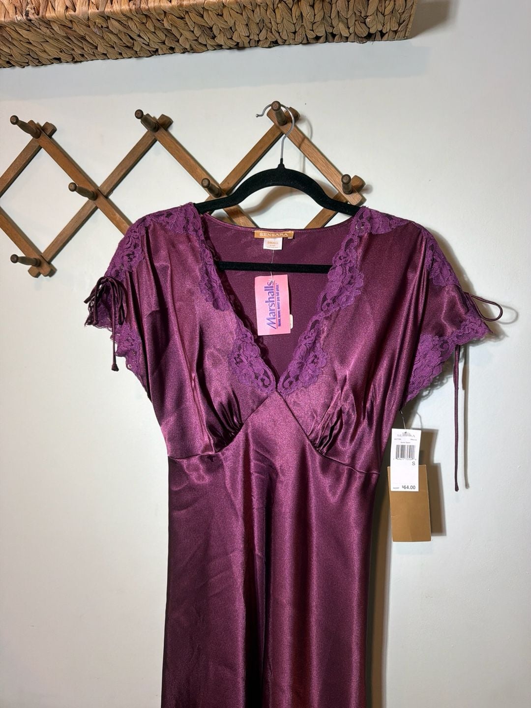 Sensara Mauve Solid Satin Lace Trim Maxi Nightgown, Size Small 3
