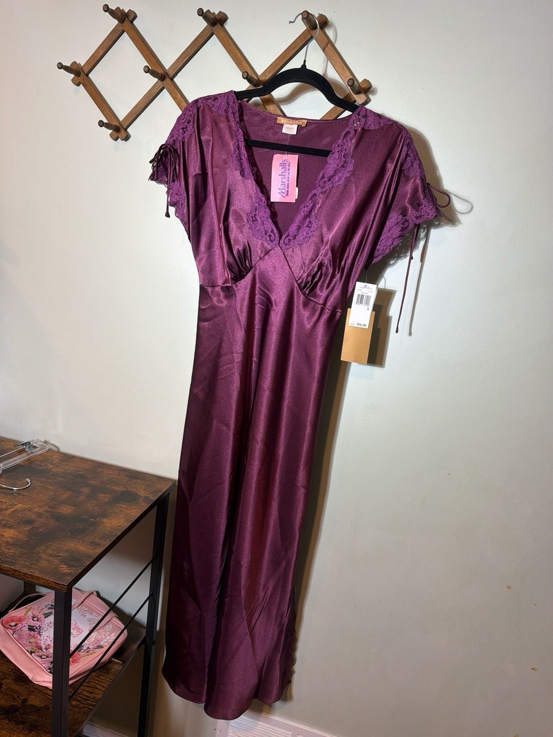 Sensara Mauve Solid Satin Lace Trim Maxi Nightgown, Size Small 4