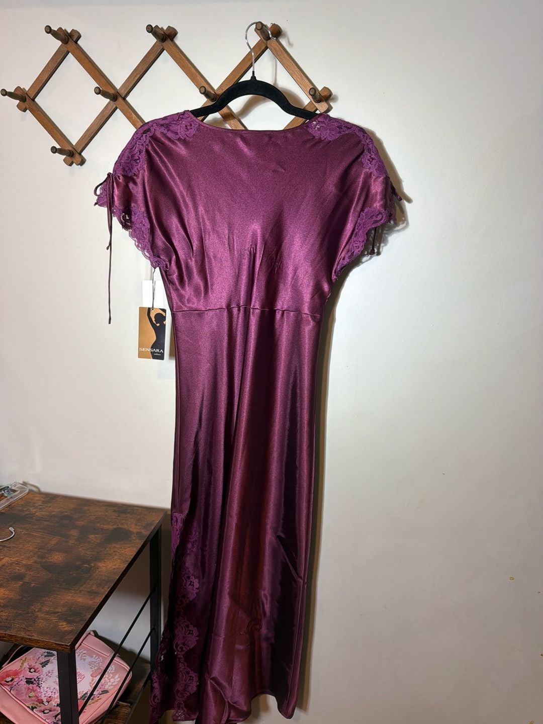 Sensara Mauve Solid Satin Lace Trim Maxi Nightgown, Size Small 6