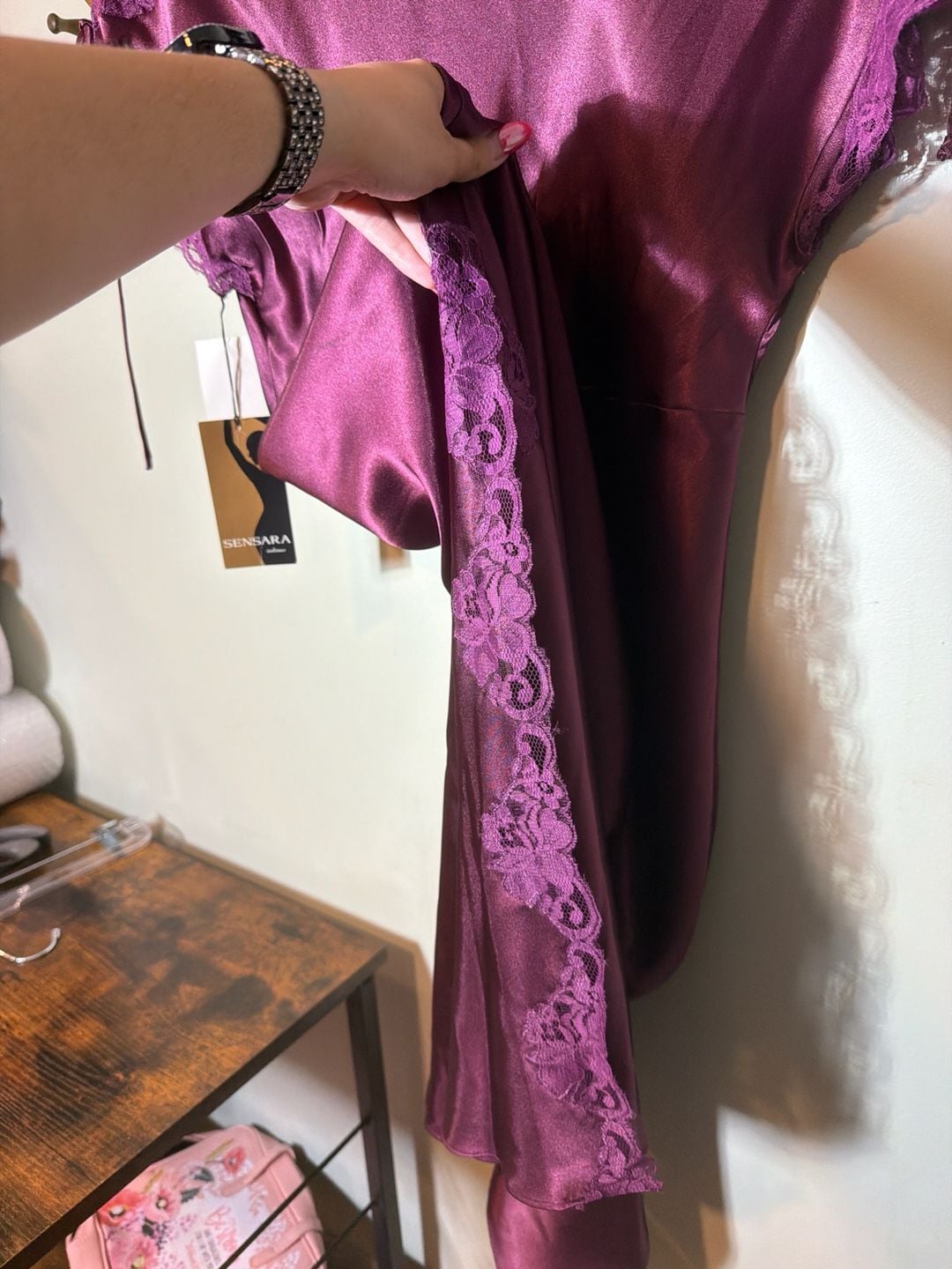Sensara Mauve Solid Satin Lace Trim Maxi Nightgown, Size Small 7