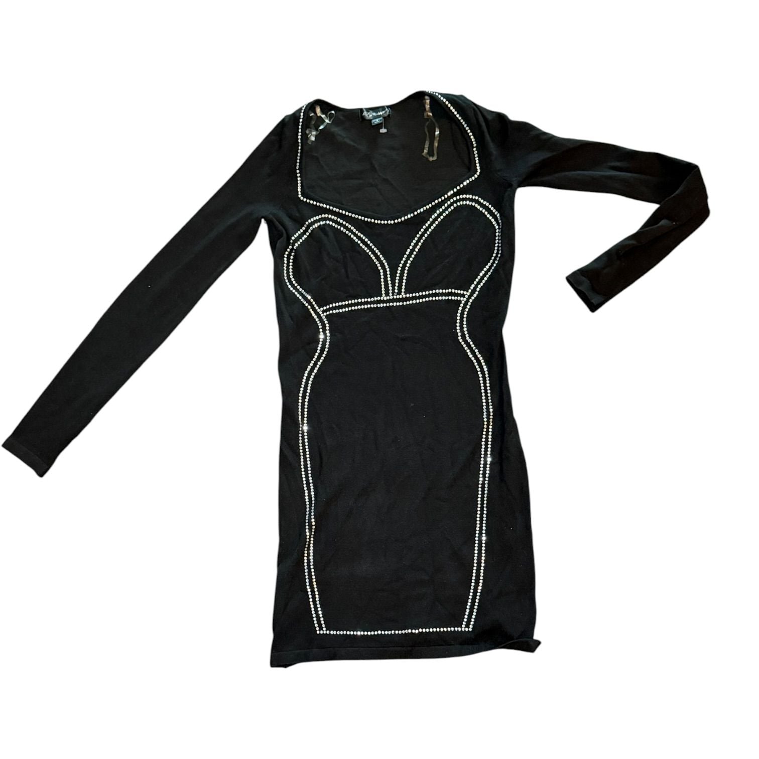 Say What Y2K Black Rhinestone Bodycon Mini Dress Long Sleeve S NWOT 7