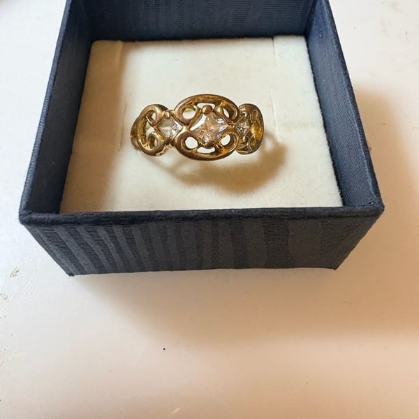 Vintage Gold Tone Scroll Filigree Ring with Triple Cubic Zirconia