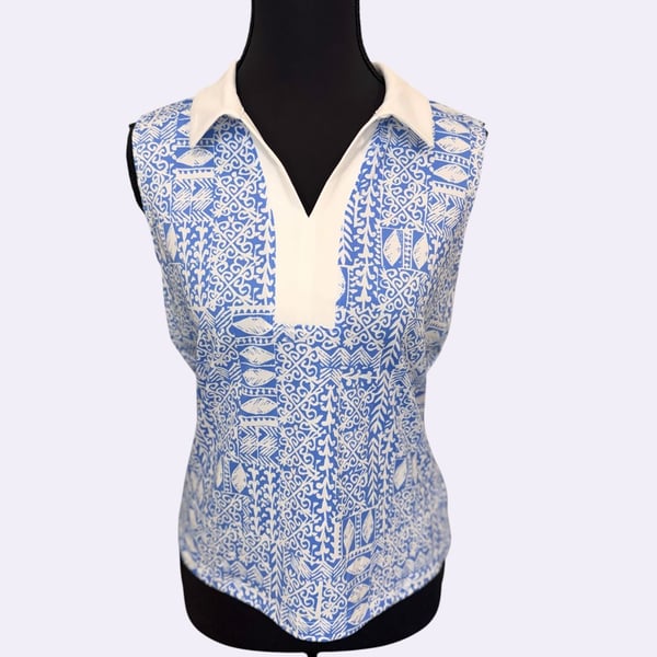 Sigrid Olsen Golf/Tennis Sleeveless Polo Blue White Geometric Size S UPF 50