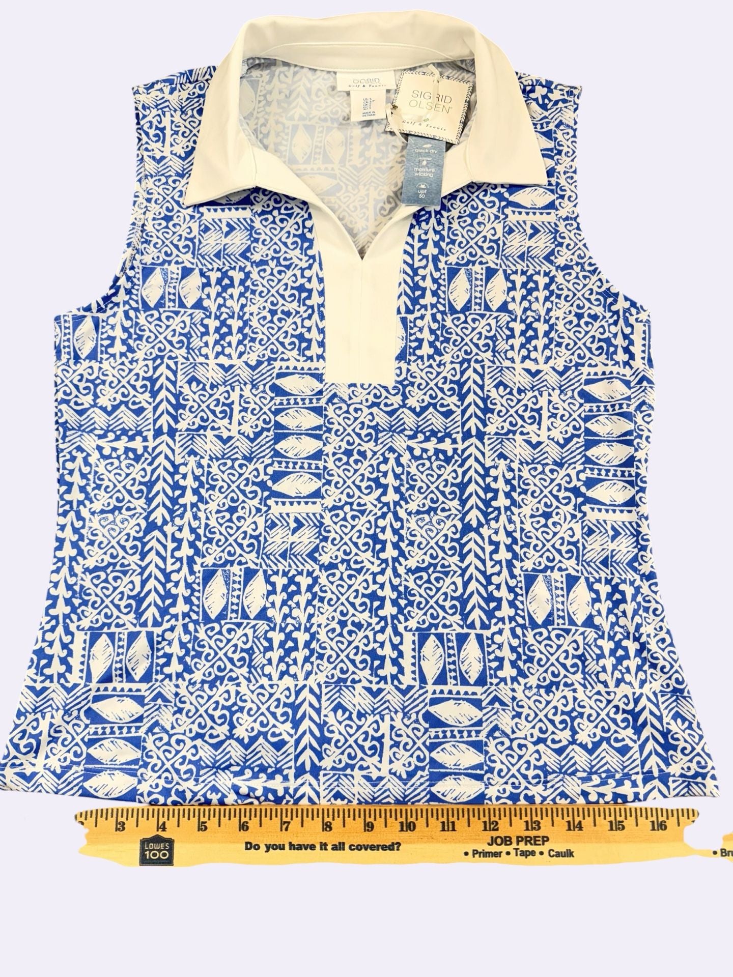 Sigrid Olsen Golf/Tennis Sleeveless Polo Blue White Geometric Size S UPF 50 6
