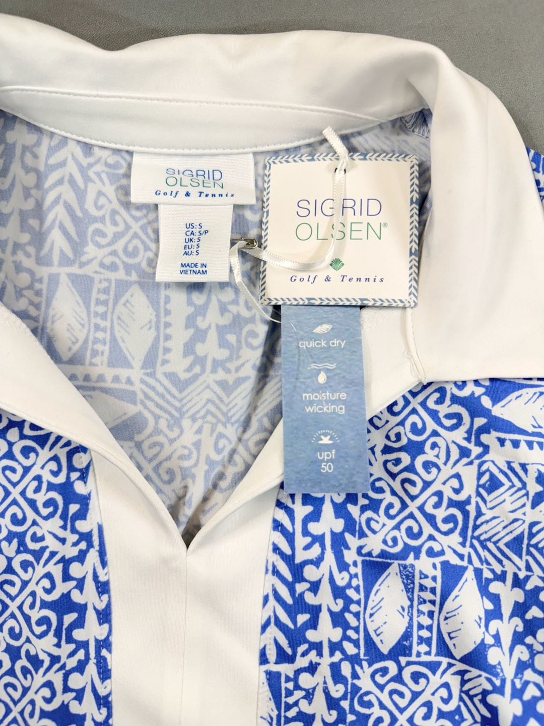 Sigrid Olsen Golf/Tennis Sleeveless Polo Blue White Geometric Size S UPF 50 8