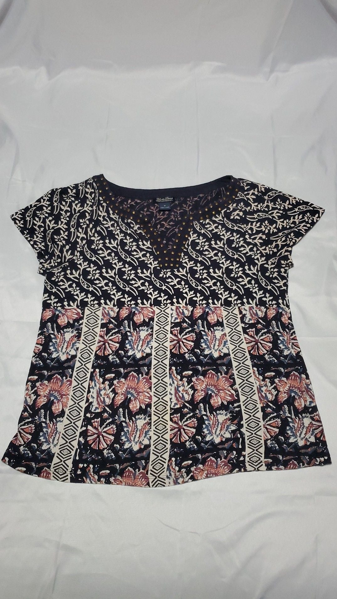 Lucky Brand Mixed Floral Print Studded V-Neck Top Size M 2