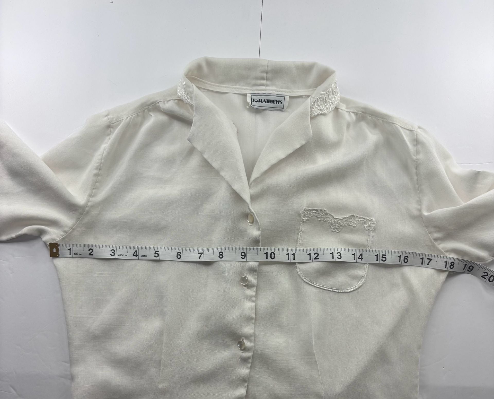 Jo Matthews Vintage White Linen Lace Trim Button Up Blouse 9