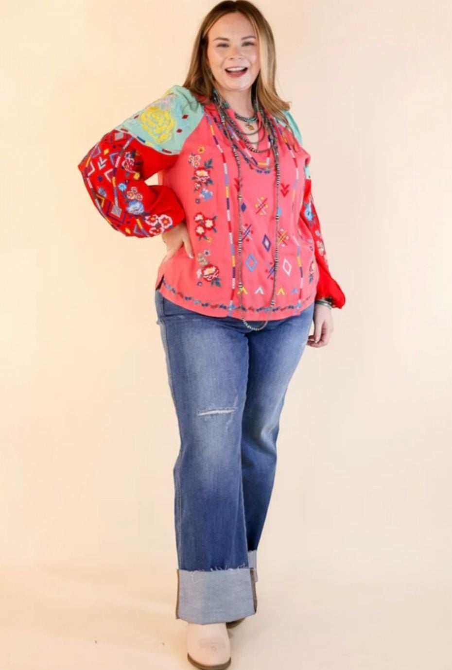 Savanna Jane Coral Mixed Floral Embroidered Boho Peasant Top 2