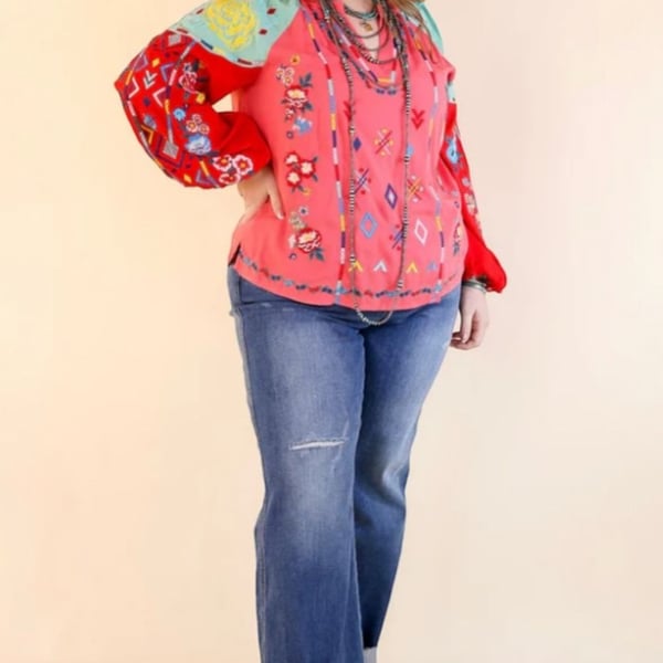 Savanna Jane Coral Mixed Floral Embroidered Boho Peasant Top