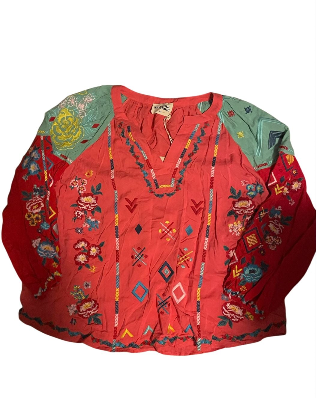 Savanna Jane Coral Mixed Floral Embroidered Boho Peasant Top 3